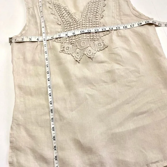 Tan Beige Linen Sleeveless Tunic Top Blouse Small Lace V-neck Breathable Summer - Picture 11 of 12
